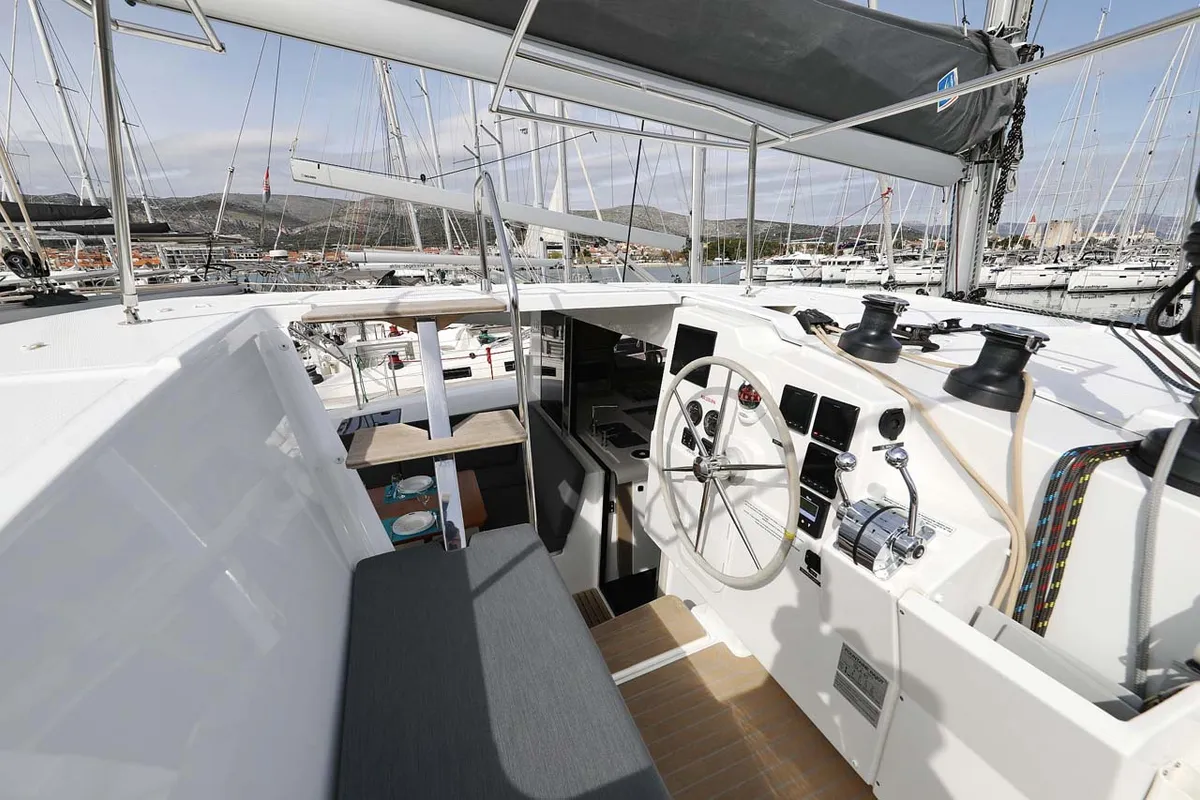 Cockpit of Chilli, a Fountaine Pajot Isla 40 catamaran at Grad Trogir, Croatia