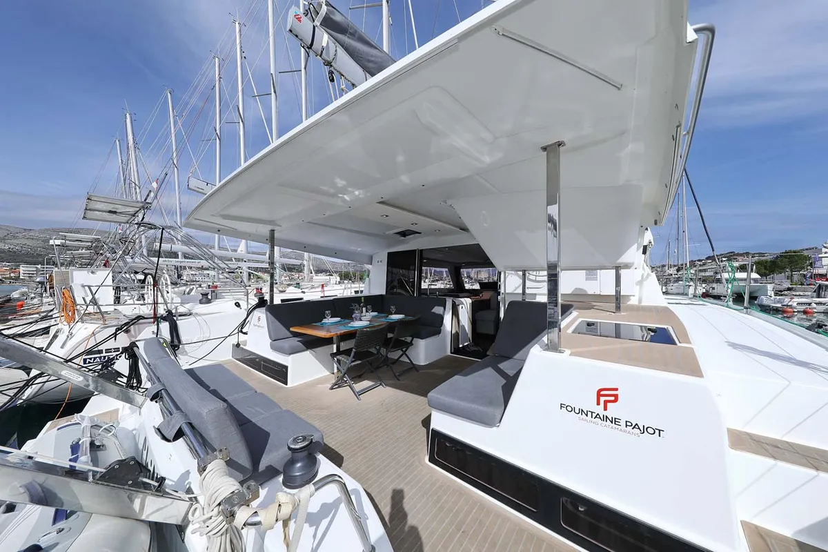 Deck of Chilli, a Fountaine Pajot Isla 40 catamaran at Grad Trogir, Croatia