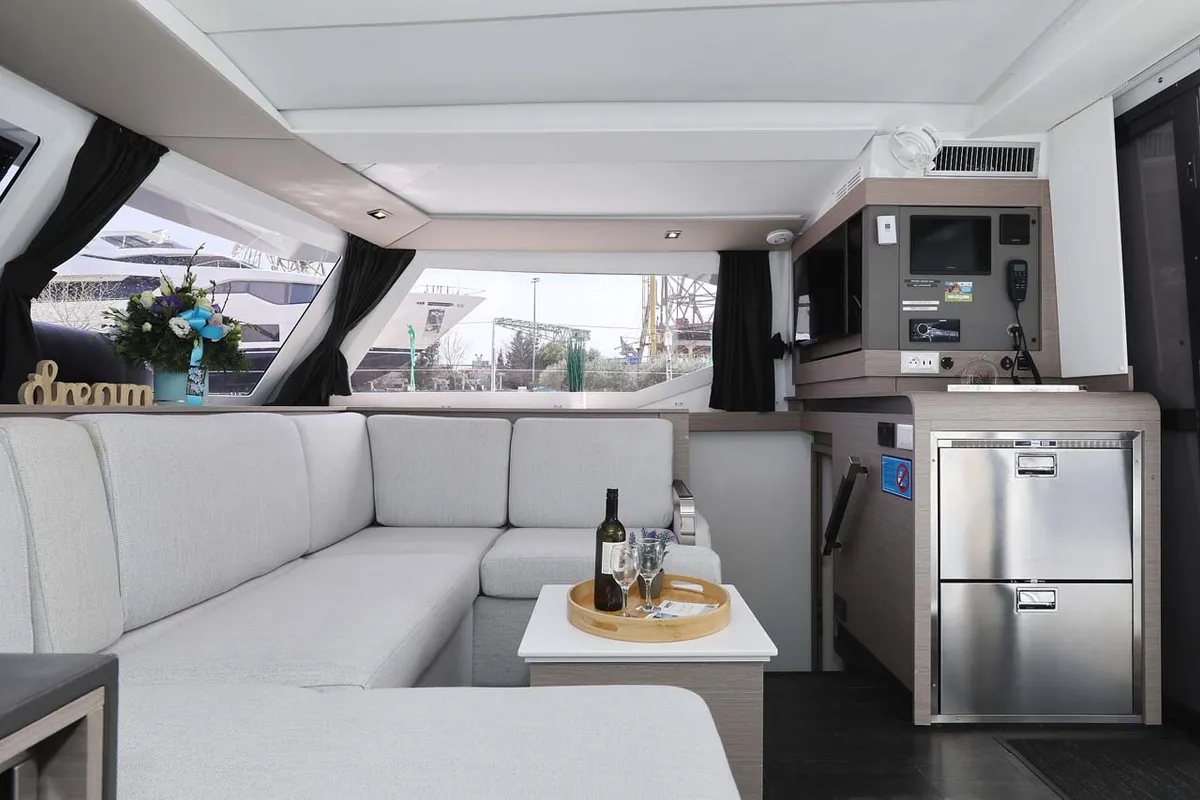 Salon of Chilli, a Fountaine Pajot Isla 40 catamaran at Grad Trogir, Croatia