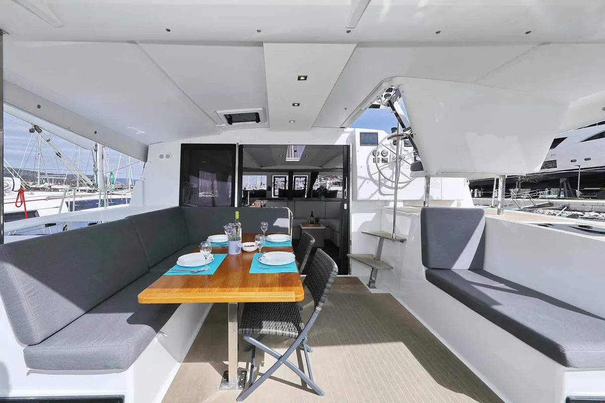 Deck of Chilli, a Fountaine Pajot Isla 40 catamaran at Grad Trogir, Croatia
