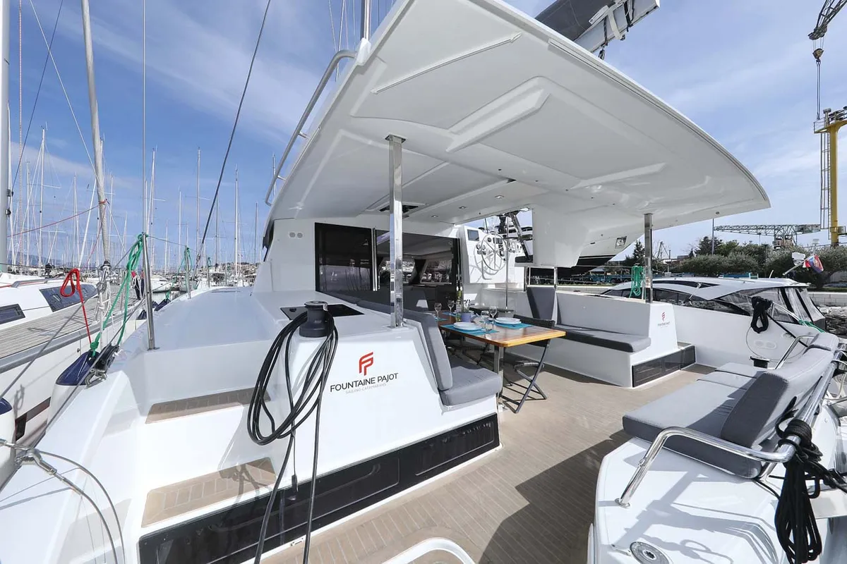 Deck of Chilli, a Fountaine Pajot Isla 40 catamaran at Grad Trogir, Croatia