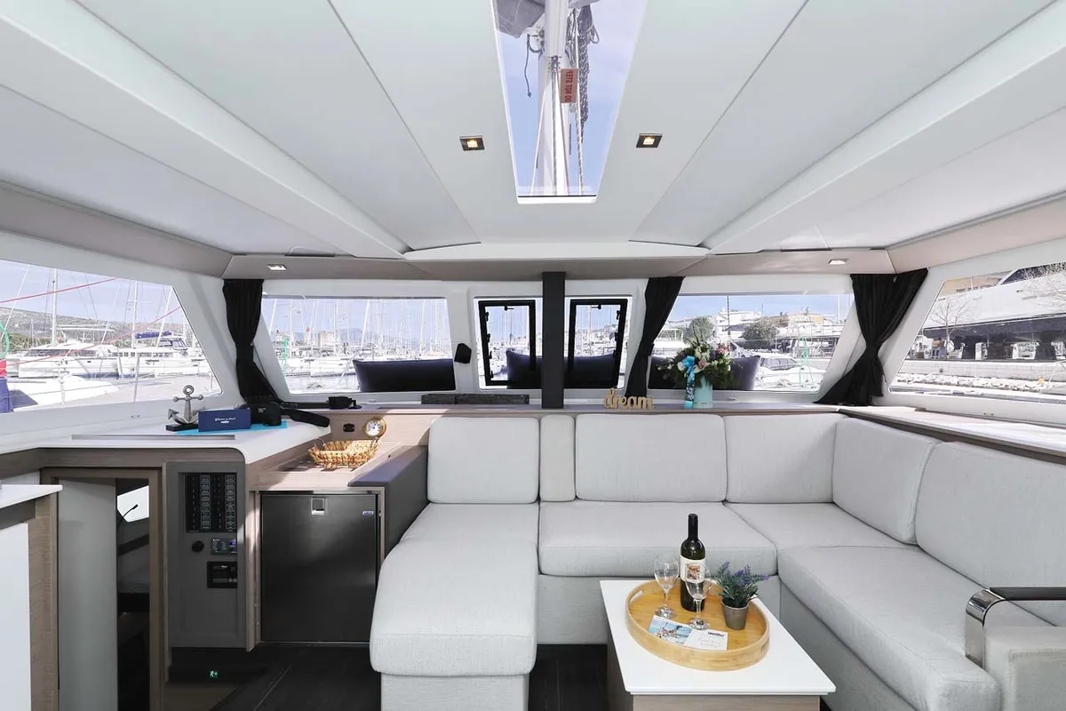 Salon of Chilli, a Fountaine Pajot Isla 40 catamaran at Grad Trogir, Croatia