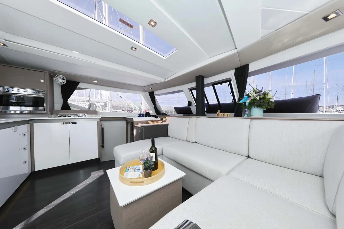 Salon of Chilli, a Fountaine Pajot Isla 40 catamaran at Grad Trogir, Croatia