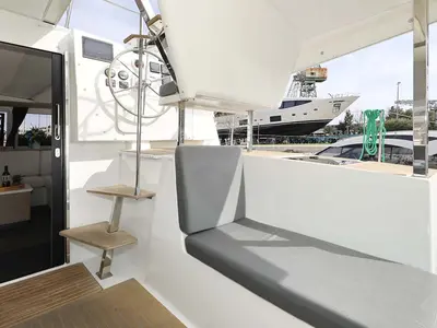 Cockpit of Chilli, a Fountaine Pajot Isla 40 catamaran at Grad Trogir, Croatia