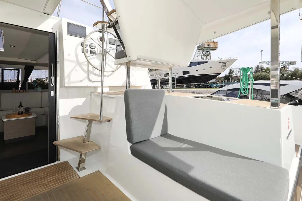 Cockpit of Chilli, a Fountaine Pajot Isla 40 catamaran at Grad Trogir, Croatia