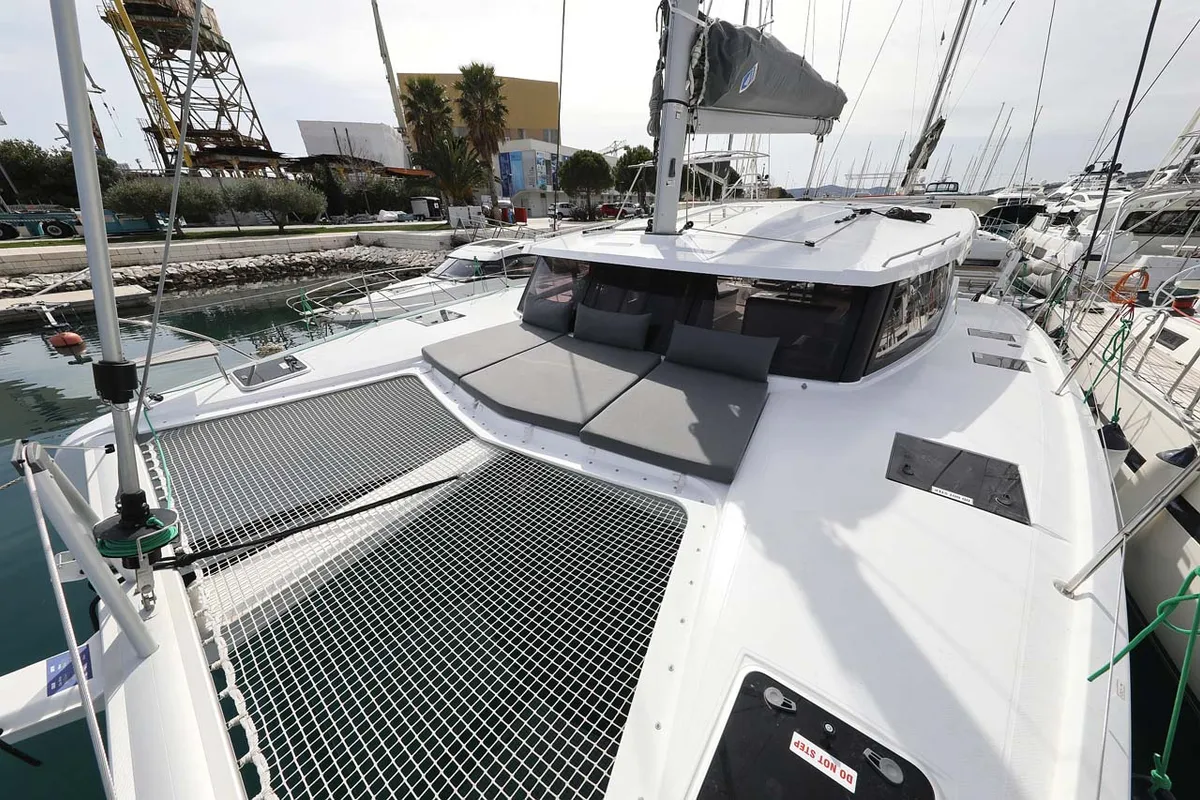 Deck of Chilli, a Fountaine Pajot Isla 40 catamaran at Grad Trogir, Croatia