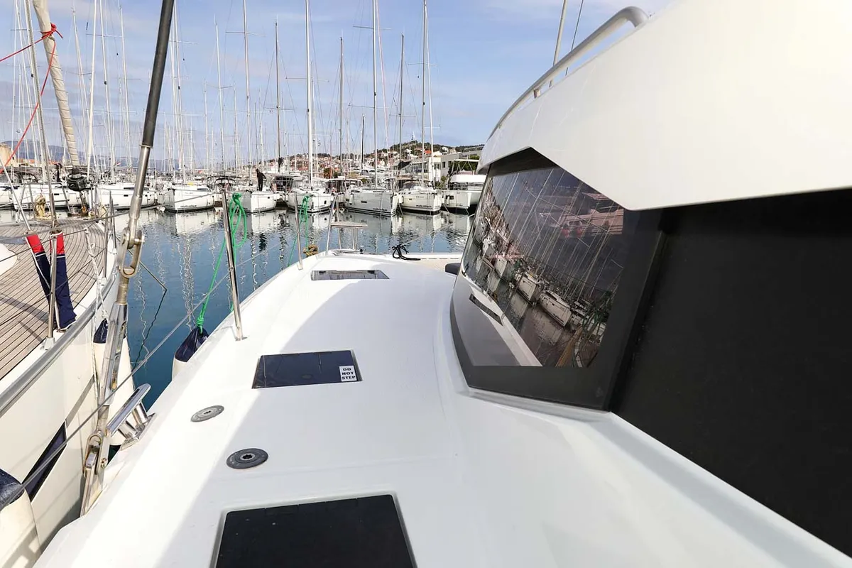 Deck of Chilli, a Fountaine Pajot Isla 40 catamaran at Grad Trogir, Croatia