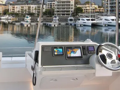 Cockpit of Moorings 433 PC Club, a Leopard 43 PC catamaran at Općina Marina, Croatia