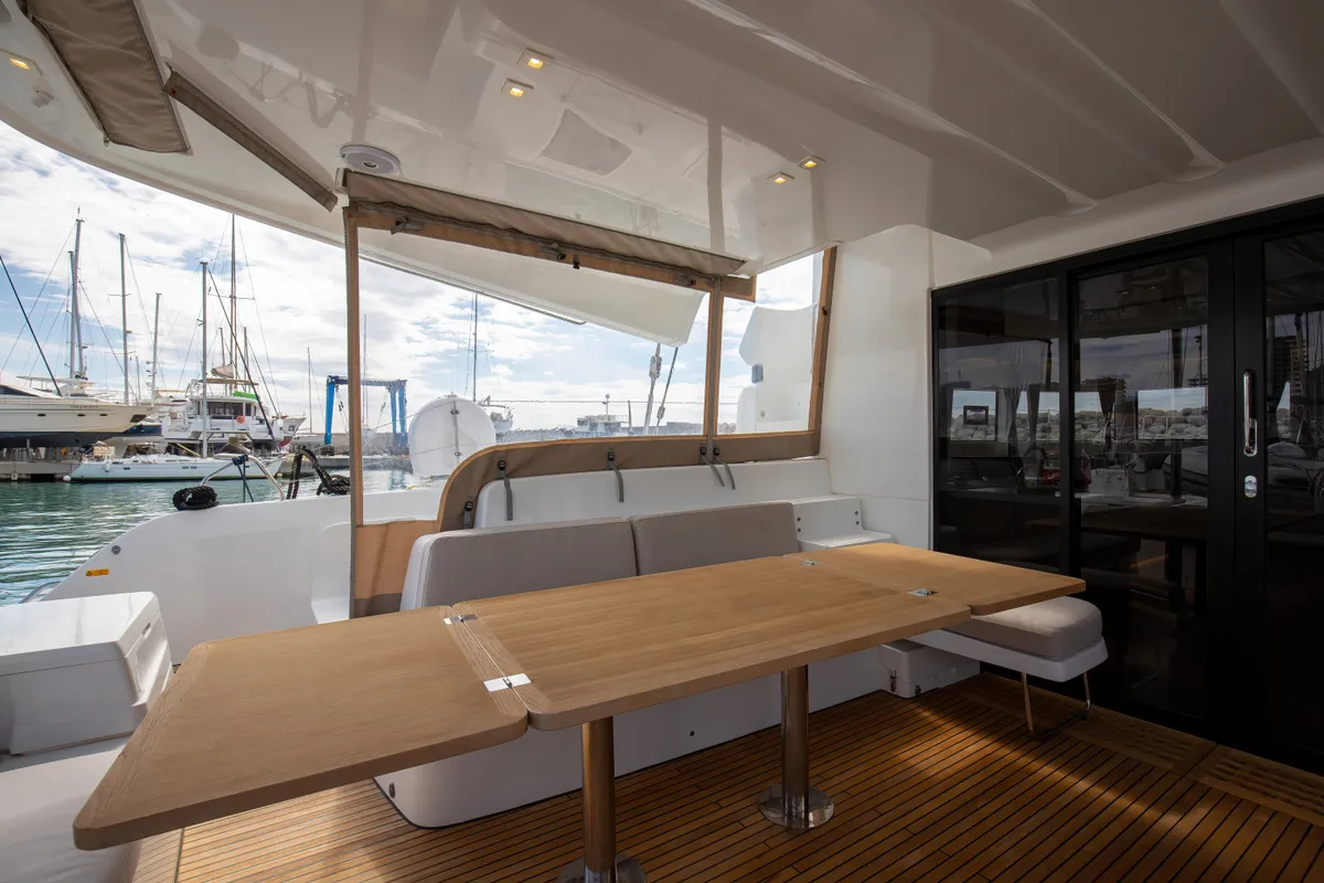 Deck of Finocchietto, a Lagoon 50 catamaran at Salerno, Italy