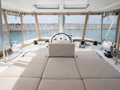 Cockpit of Finocchietto, a Lagoon 50 catamaran at Salerno, Italy