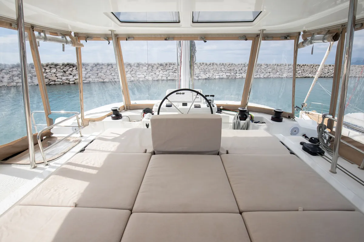Cockpit of Finocchietto, a Lagoon 50 catamaran at Salerno, Italy