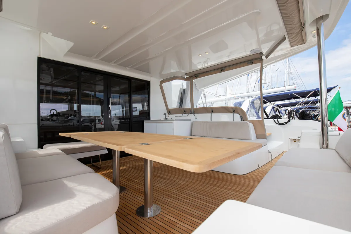 Deck of Finocchietto, a Lagoon 50 catamaran at Salerno, Italy