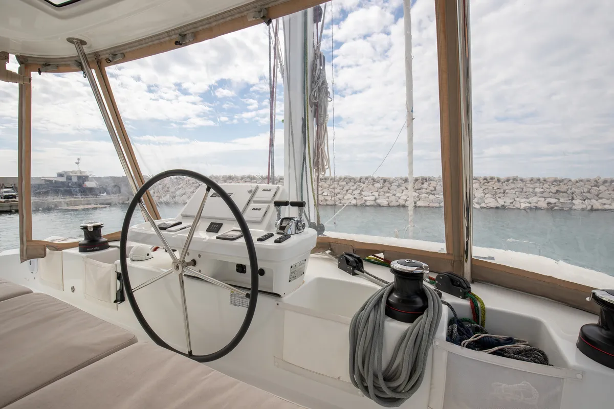 Exterior view of Finocchietto, a Lagoon 50 catamaran at Salerno, Italy