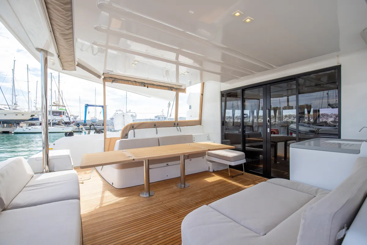 Deck of Finocchietto, a Lagoon 50 catamaran at Salerno, Italy