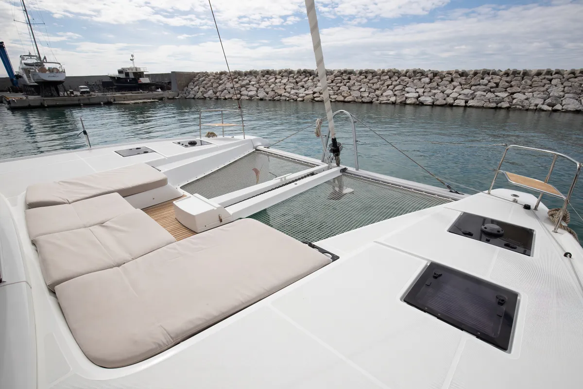 Deck of Finocchietto, a Lagoon 50 catamaran at Salerno, Italy