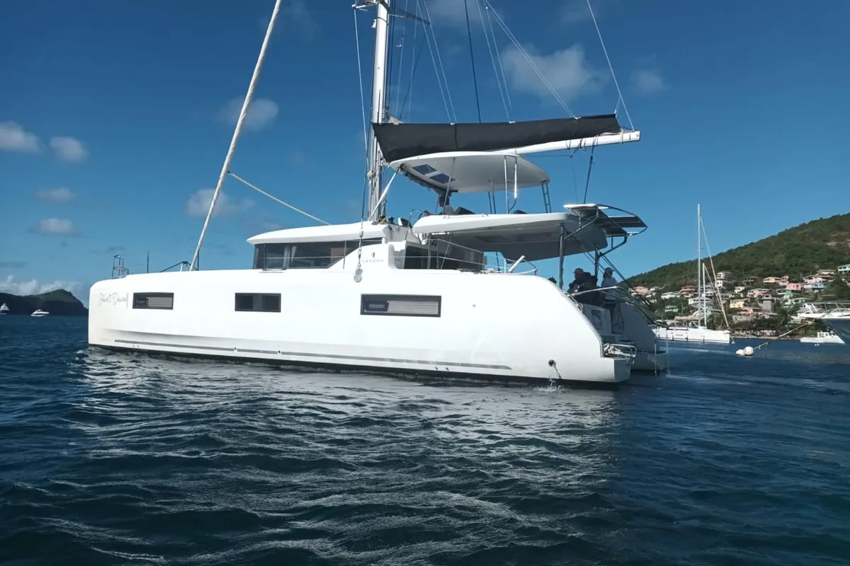 Exterior view of Hearts Desire, a Lagoon 46 catamaran at Port Elizabeth, Saint Vincent and the Grenadines