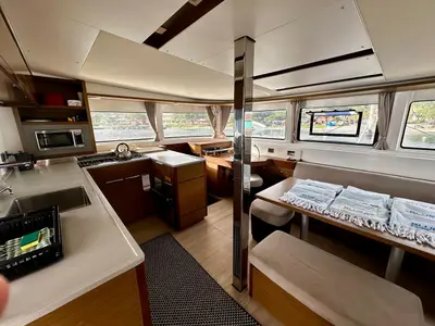 Salon of Hearts Desire, a Lagoon 46 catamaran at Port Elizabeth, Saint Vincent and the Grenadines