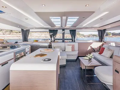 Salon of ALTHEA, a Fountaine Pajot Aura 51 catamaran at Kalamata, Greece