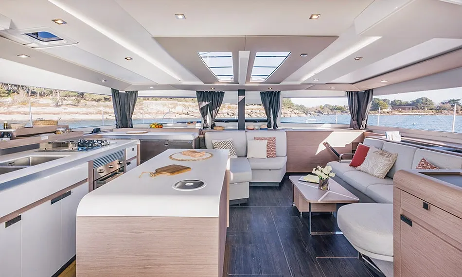 Salon of ALTHEA, a Fountaine Pajot Aura 51 catamaran at Kalamata, Greece