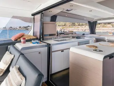 Galley of ALTHEA, a Fountaine Pajot Aura 51 catamaran at Kalamata, Greece