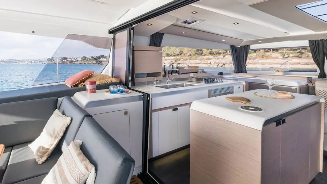Galley of ALTHEA, a Fountaine Pajot Aura 51 catamaran at Kalamata, Greece