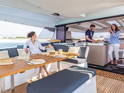 Deck of ALTHEA, a Fountaine Pajot Aura 51 catamaran at Kalamata, Greece