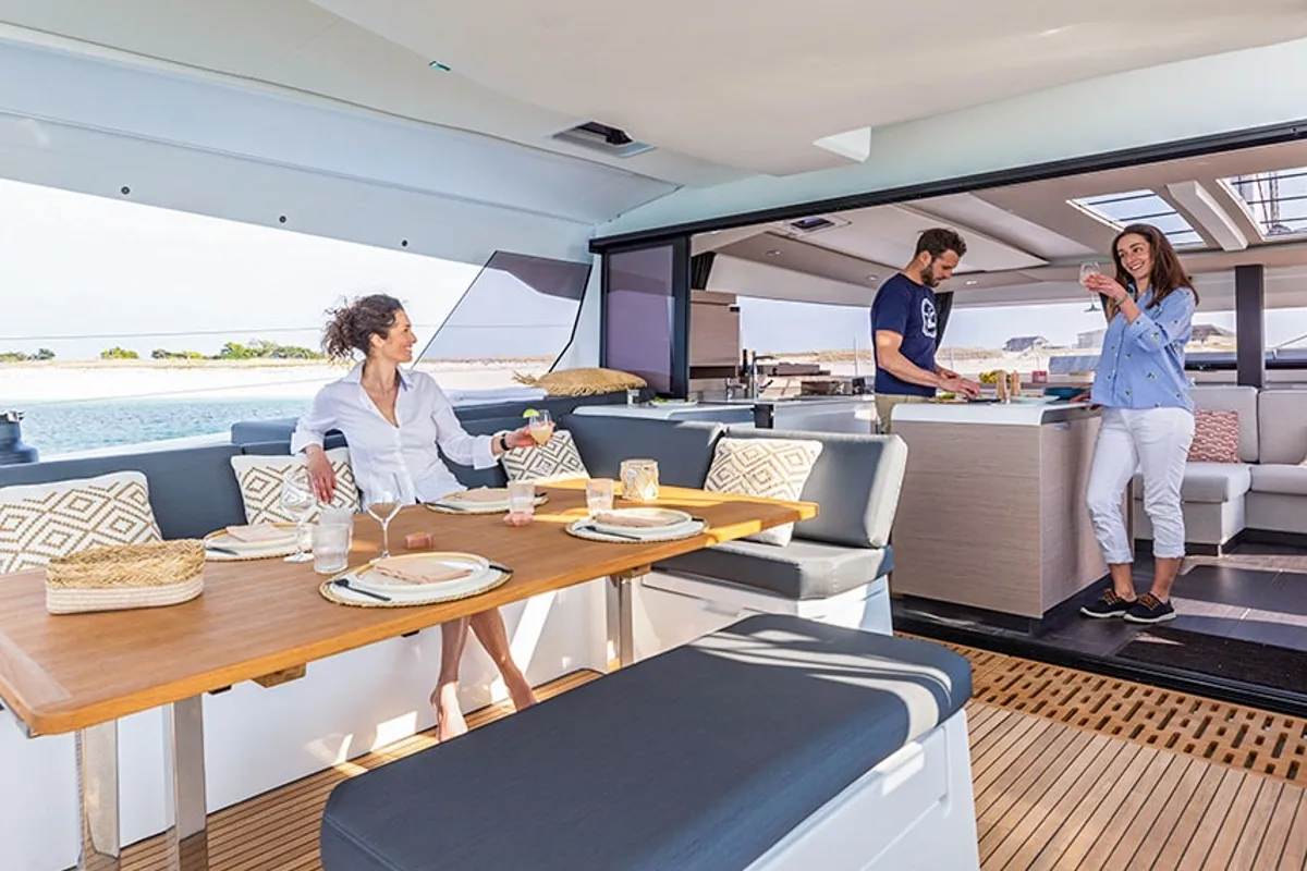 Deck of ALTHEA, a Fountaine Pajot Aura 51 catamaran at Kalamata, Greece