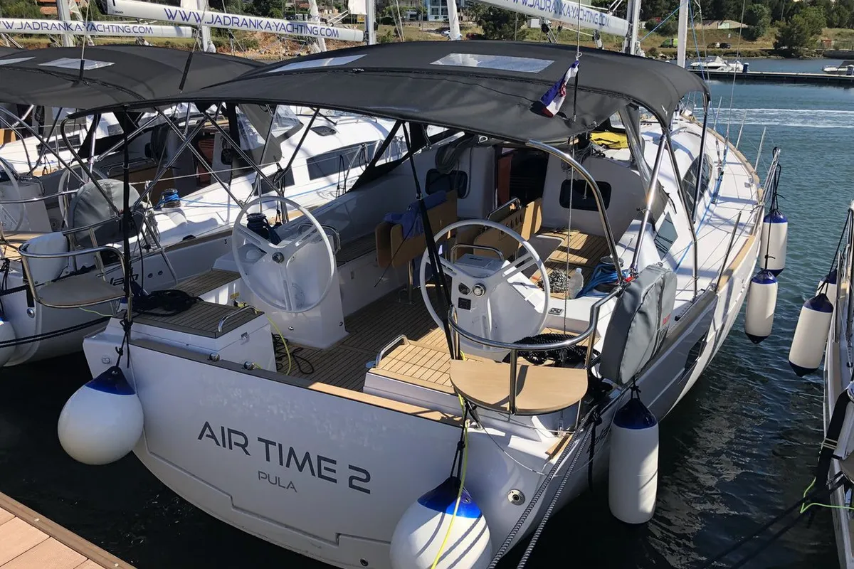 Exterior view of AirTime 2, a Elan Impression 45.1 sailboat at Punat, Croatia