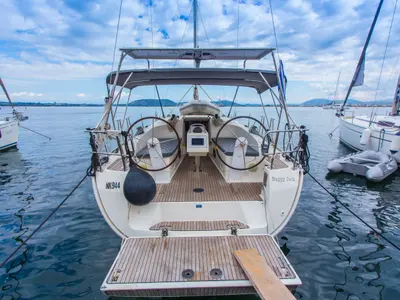 Cockpit of Happy Jack, a Bavaria 37 Cruiser sailboat at Preveza, Greece