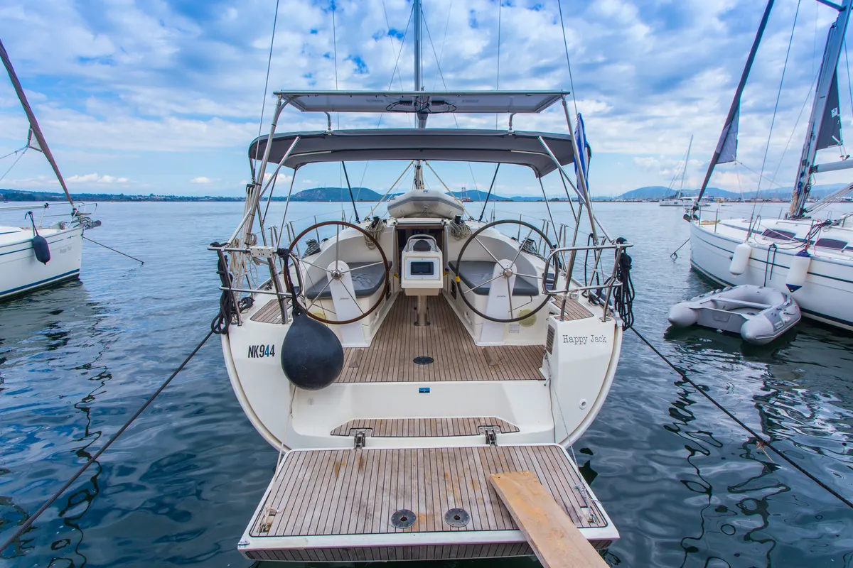 Cockpit of Happy Jack, a Bavaria 37 Cruiser sailboat at Preveza, Greece