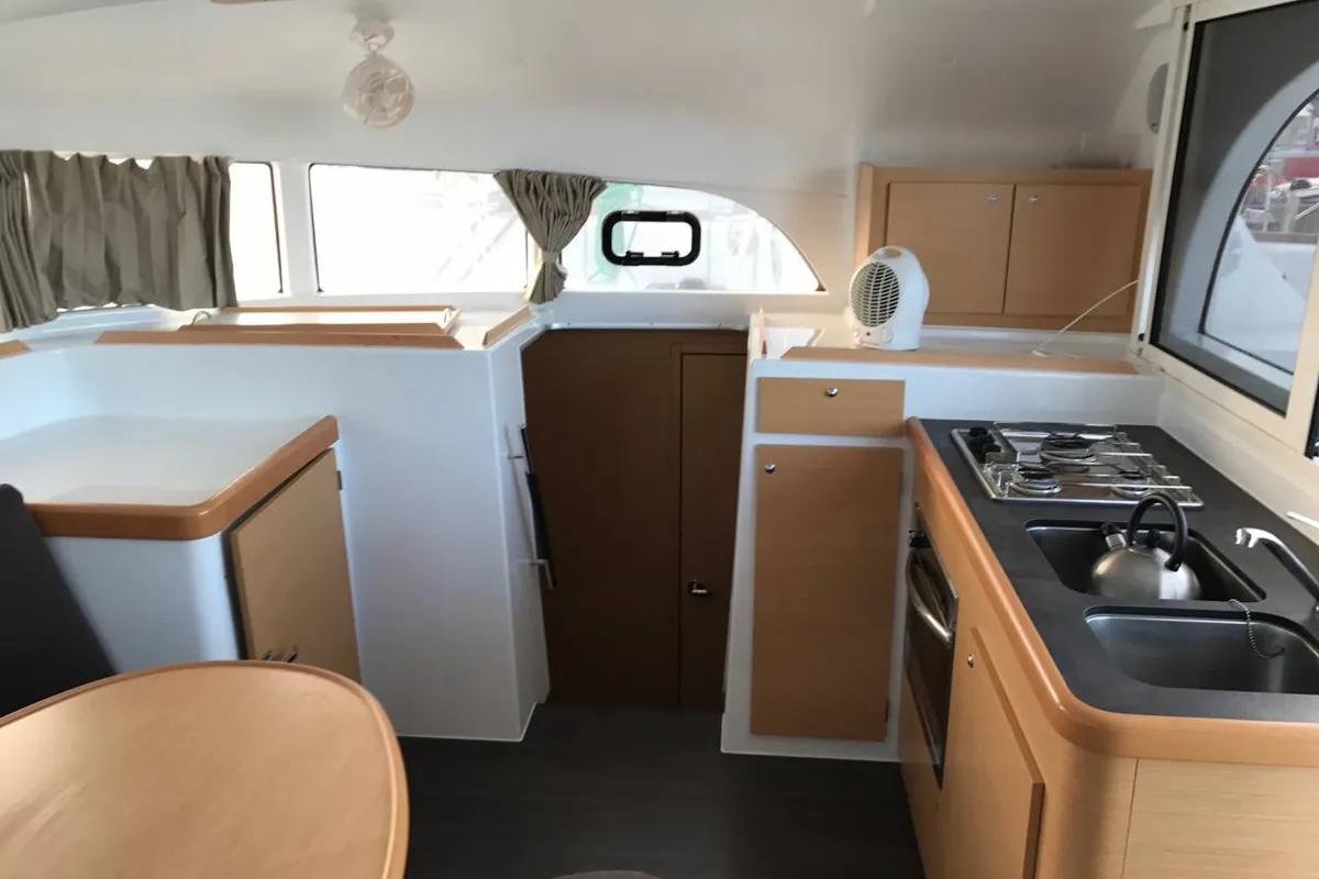 Salon of Pampero, a Lagoon 380 catamaran at Roche Caiman, Seychelles