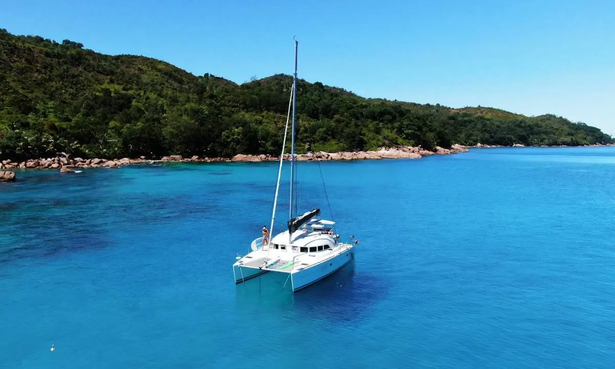 Exterior view of Pampero, a Lagoon 380 catamaran at Roche Caiman, Seychelles