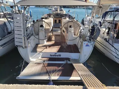 Deck of Isabelli, a Bavaria Cruiser 40 sailboat at Kontokali, Greece
