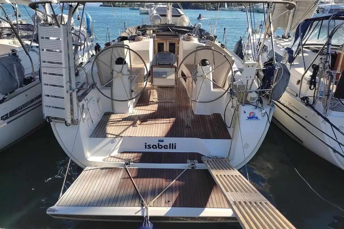 Deck of Isabelli, a Bavaria Cruiser 40 sailboat at Kontokali, Greece