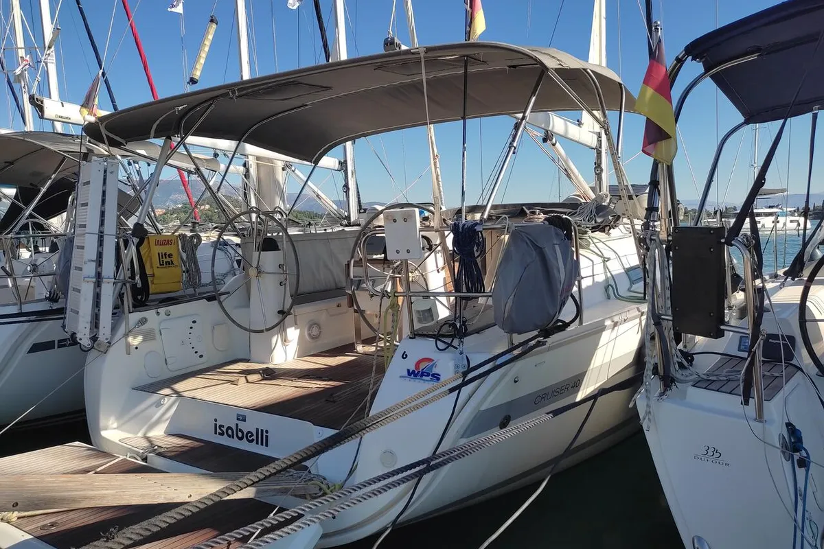 Deck of Isabelli, a Bavaria Cruiser 40 sailboat at Kontokali, Greece