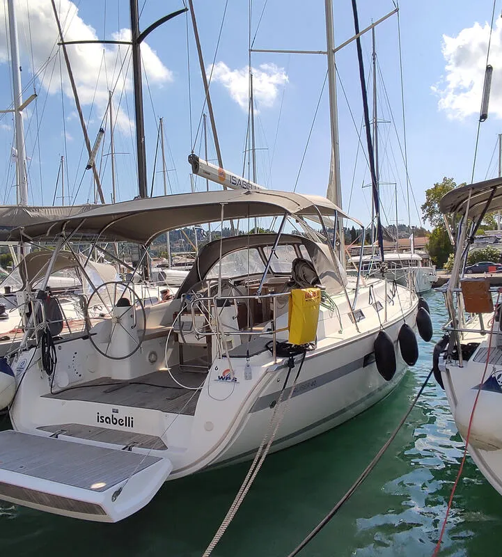 Deck of Isabelli, a Bavaria Cruiser 40 sailboat at Kontokali, Greece