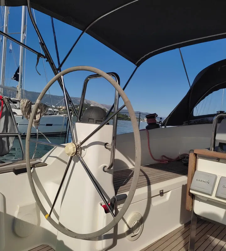 Cockpit of Isabelli, a Bavaria Cruiser 40 sailboat at Kontokali, Greece