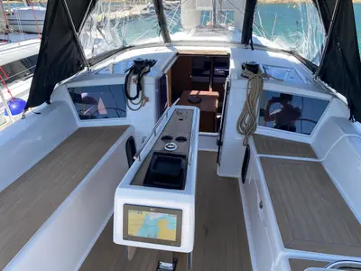 Cockpit of Volpetta, a Dufour 360 Grand Large sailboat at Olbia, Italy