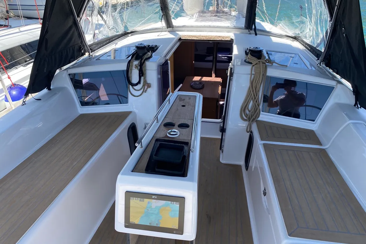 Cockpit of Volpetta, a Dufour 360 Grand Large sailboat at Olbia, Italy