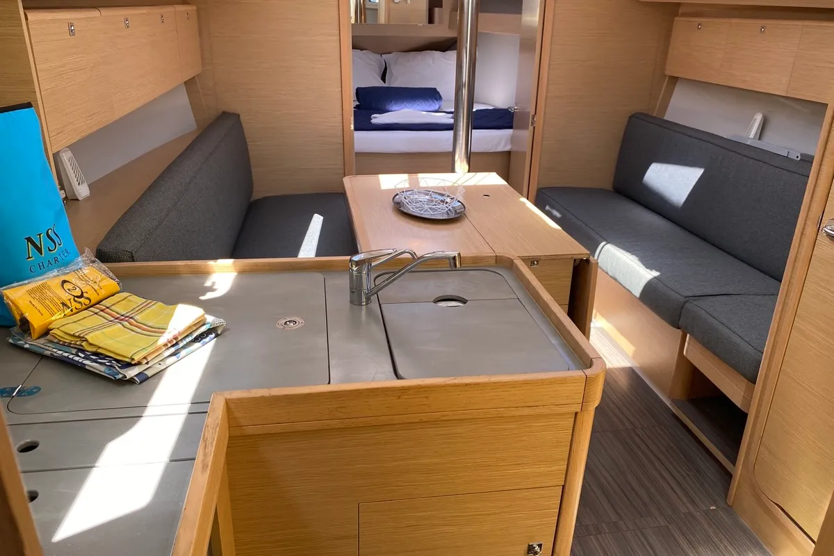 Salon of Volpetta, a Dufour 360 Grand Large sailboat at Olbia, Italy