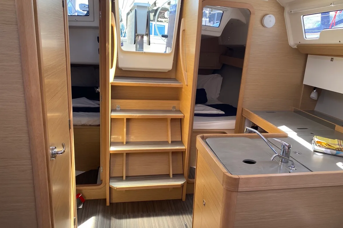 Salon of Volpetta, a Dufour 360 Grand Large sailboat at Olbia, Italy