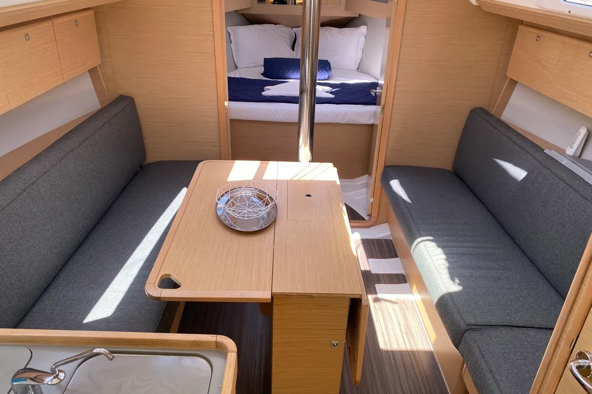 Salon of Volpetta, a Dufour 360 Grand Large sailboat at Olbia, Italy