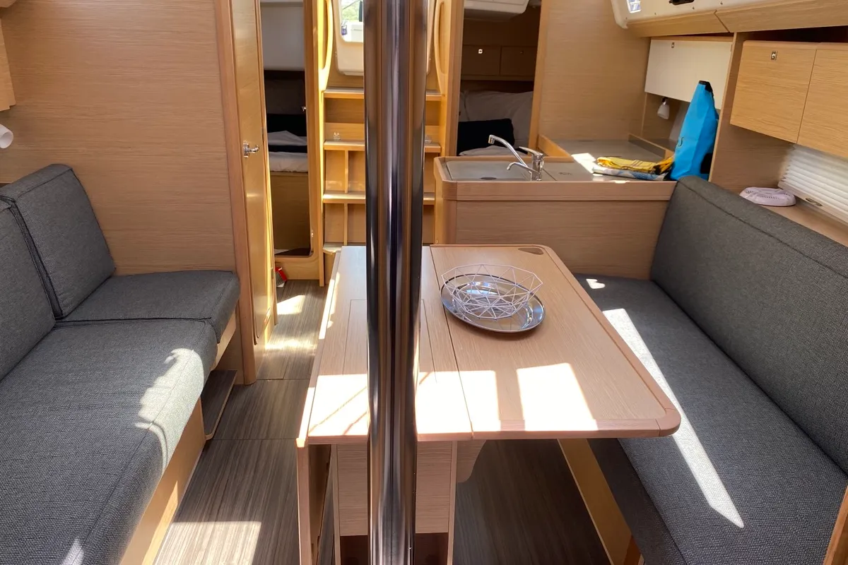 Salon of Volpetta, a Dufour 360 Grand Large sailboat at Olbia, Italy