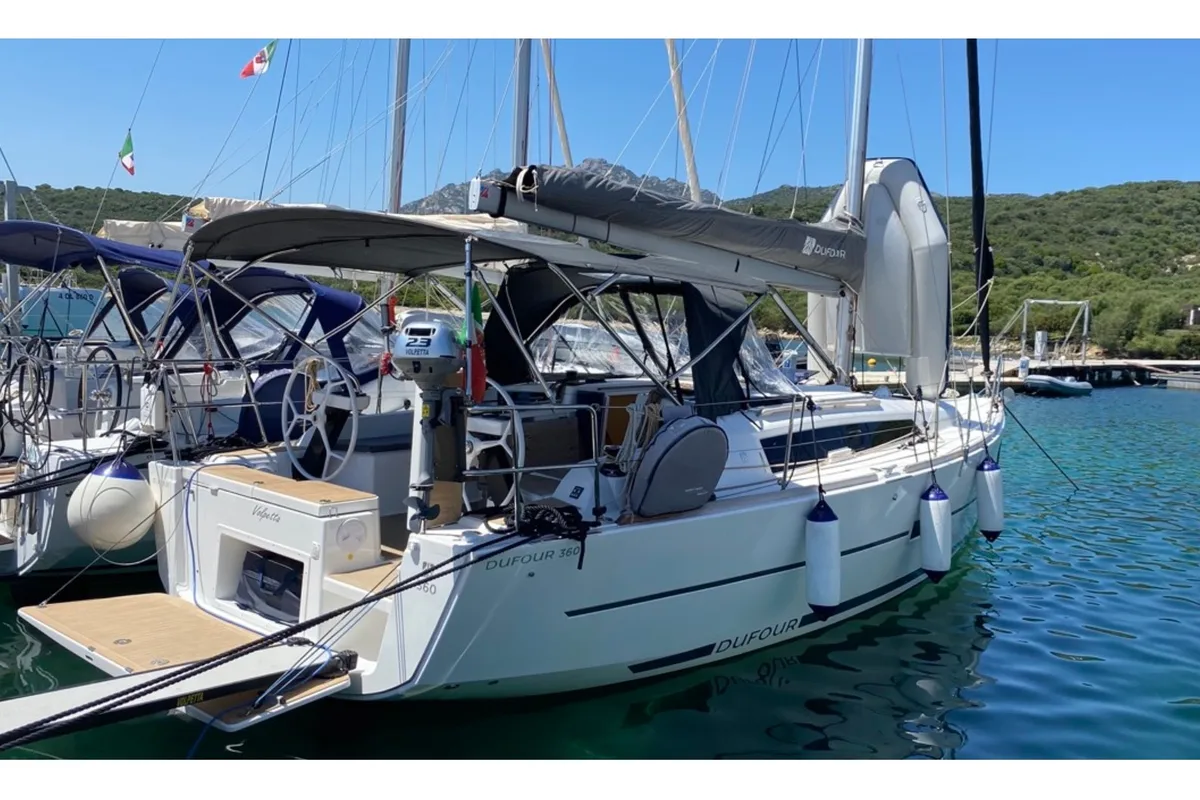 Exterior view of Volpetta, a Dufour 360 Grand Large sailboat at Olbia, Italy