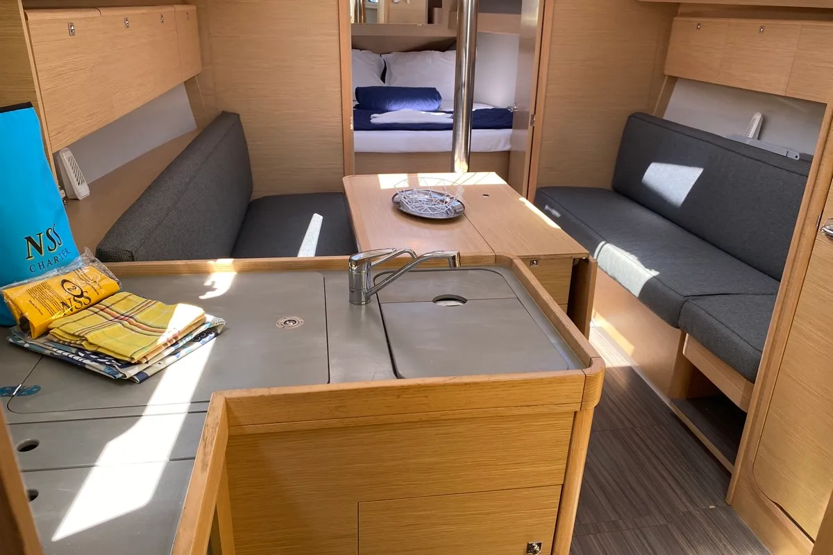 Salon of Volpetta, a Dufour 360 Grand Large sailboat at Olbia, Italy