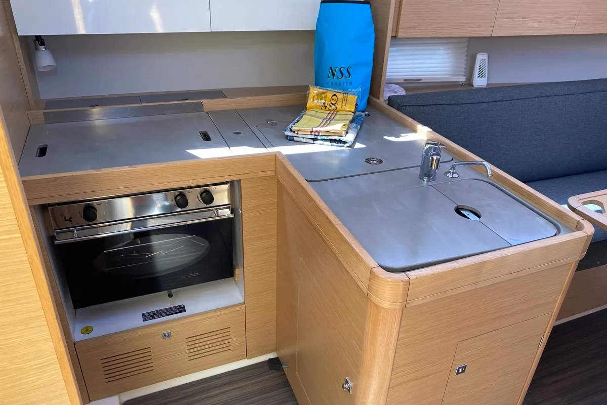 Galley of Volpetta, a Dufour 360 Grand Large sailboat at Olbia, Italy