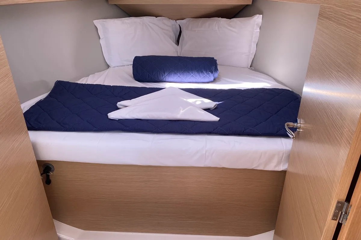 Cabin on Volpetta, a Dufour 360 Grand Large sailboat at Olbia, Italy