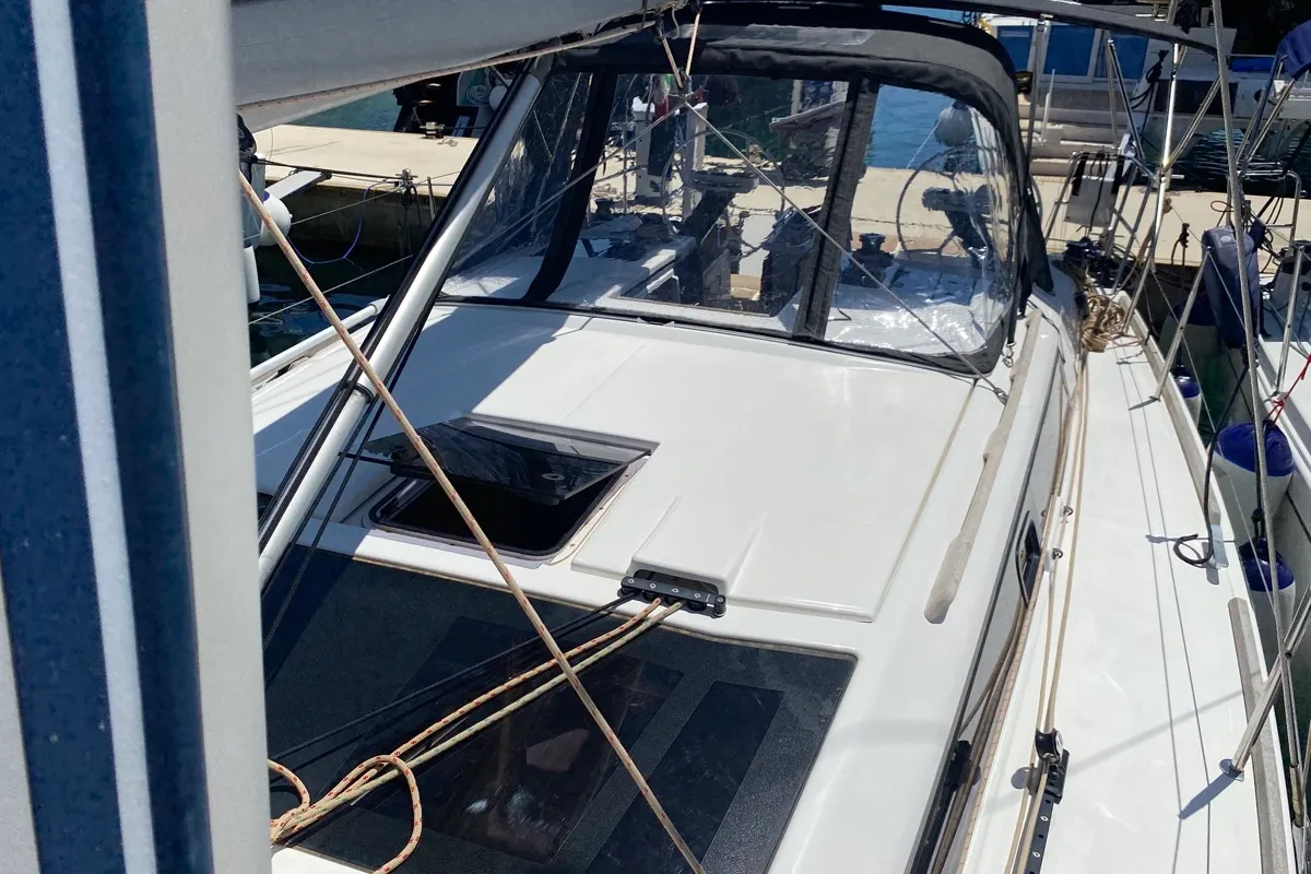 Deck of Volpetta, a Dufour 360 Grand Large sailboat at Olbia, Italy