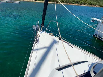 Deck of Volpetta, a Dufour 360 Grand Large sailboat at Olbia, Italy