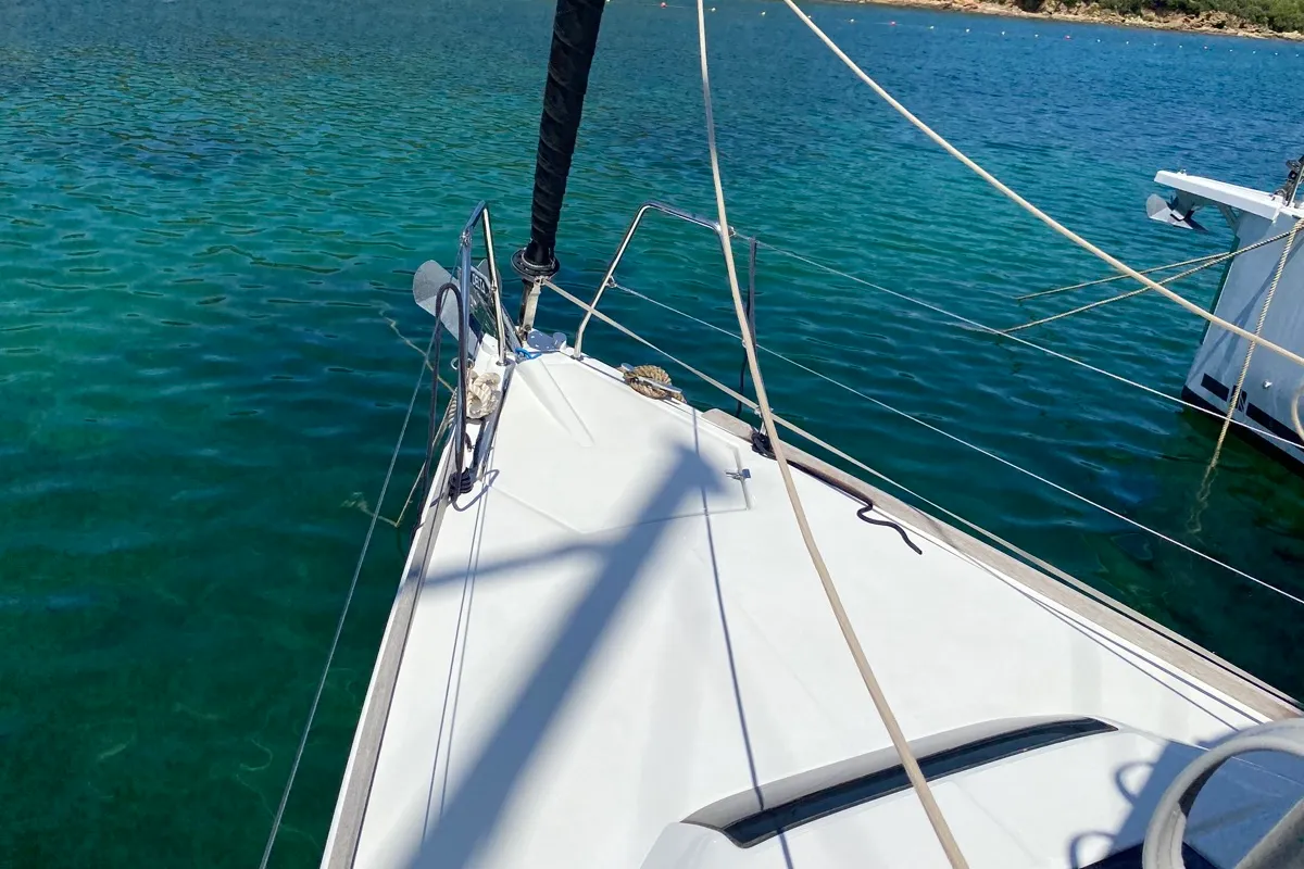 Deck of Volpetta, a Dufour 360 Grand Large sailboat at Olbia, Italy